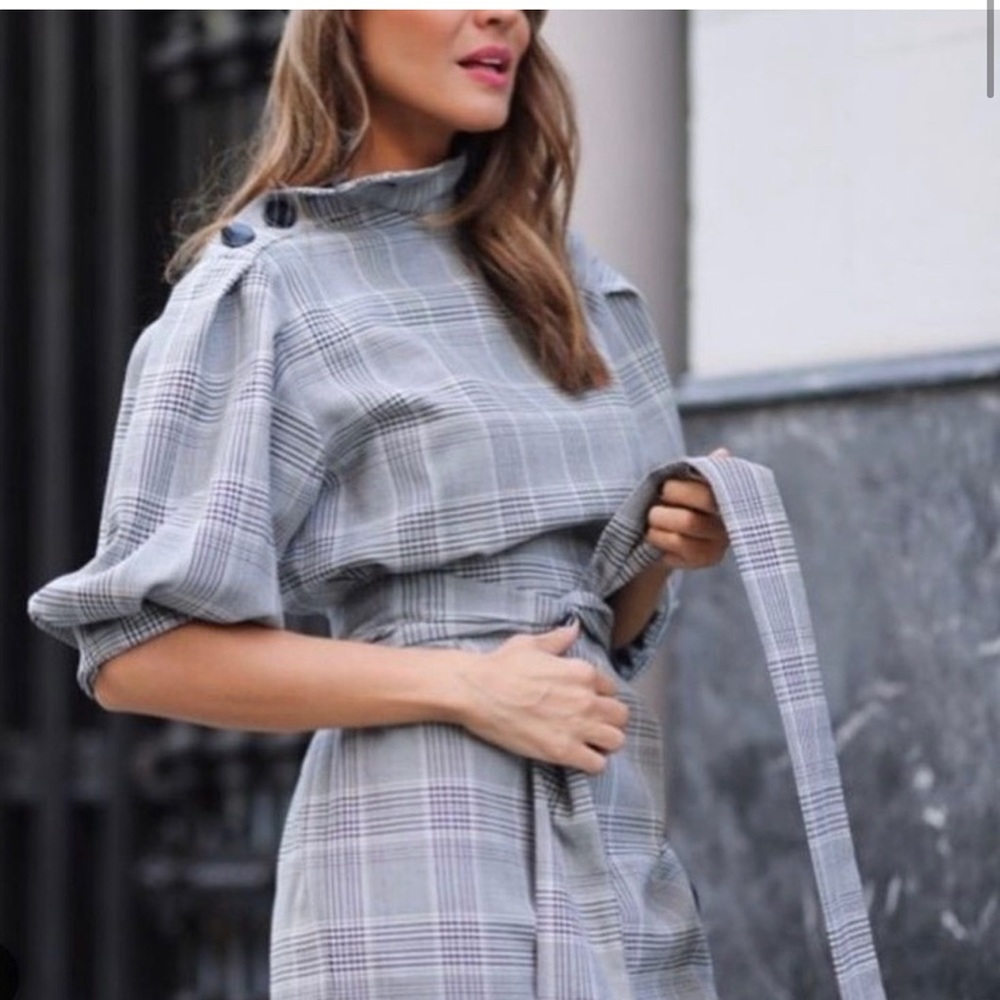 ZARA gray plaid checkered puff sleeve dress M - Picture 1 of 13